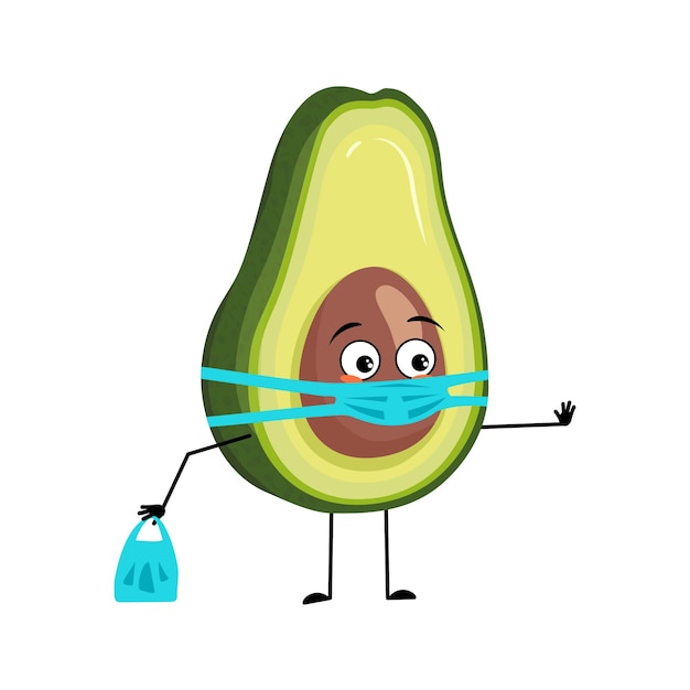 Carácter de aguacate con emociones tristes, cara y máscara mantienen distancia, manos con bolsa de compras y gesto de parada. Persona con expresión de cuidado, emoticono vegetal. Ilustración plana vectorial