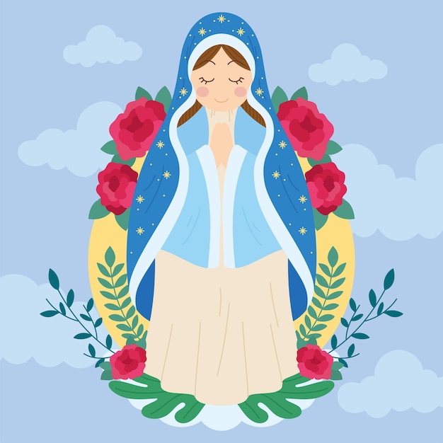 Carácter aislado lindo de la Virgen María con adornos de flora Vector