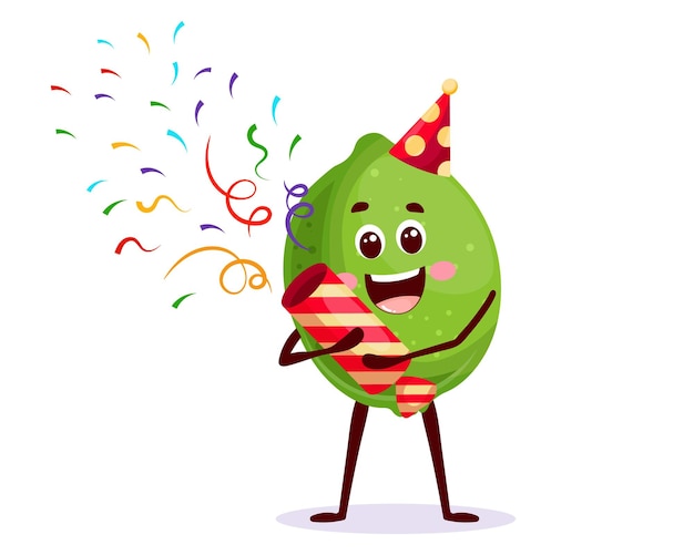 Carácter alegre limón en un sombrero de fiesta con una galleta de fiesta con confeti Tarjeta de dibujos animados de felicitación