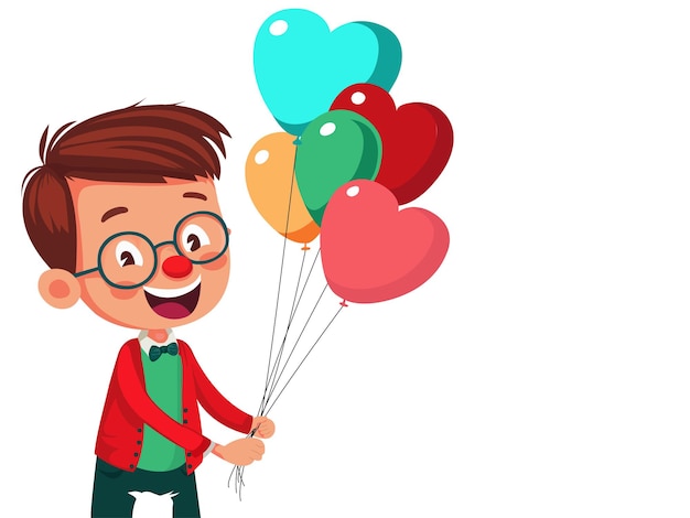 Carácter alegre del muchacho joven que sostiene los globos coloridos en el concepto del día de tarjeta del día de San Valentín del fondo blanco