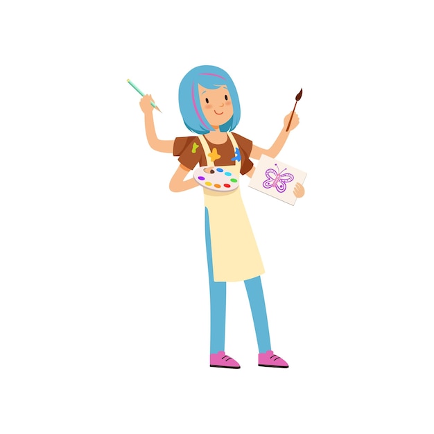 Carácter de artista multitarea, chica con pelos azules con muchas manos sosteniendo la paleta y pinceles vector ilustración aislada sobre fondo blanco.