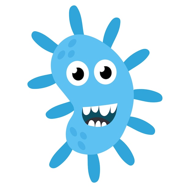 Caracter azul de dibujos animados, bacterias, microbios, gérmenes, organismos microbiológicos, mascota que expresa sus emociones.