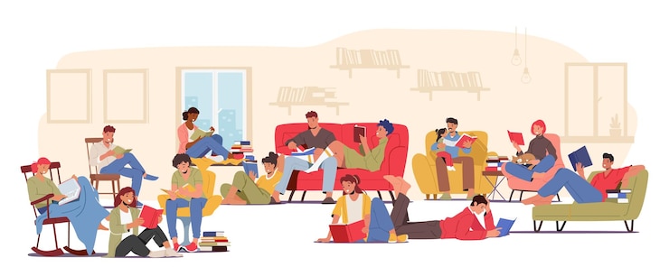Vector carácter en la biblioteca serena la gente se sumerge silenciosamente en libros una sinfonía de páginas susurrantes y mentes enfocadas que buscan conocimiento y aventura dentro de las páginas encuadernadas ilustración vectorial