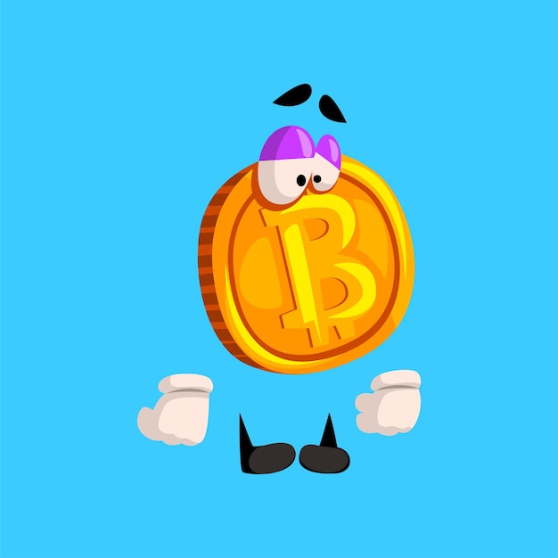 Carácter de bitcoin molesto divertido, vector de emoticonos de moneda crypto ilustración aislada sobre fondo azul cielo.