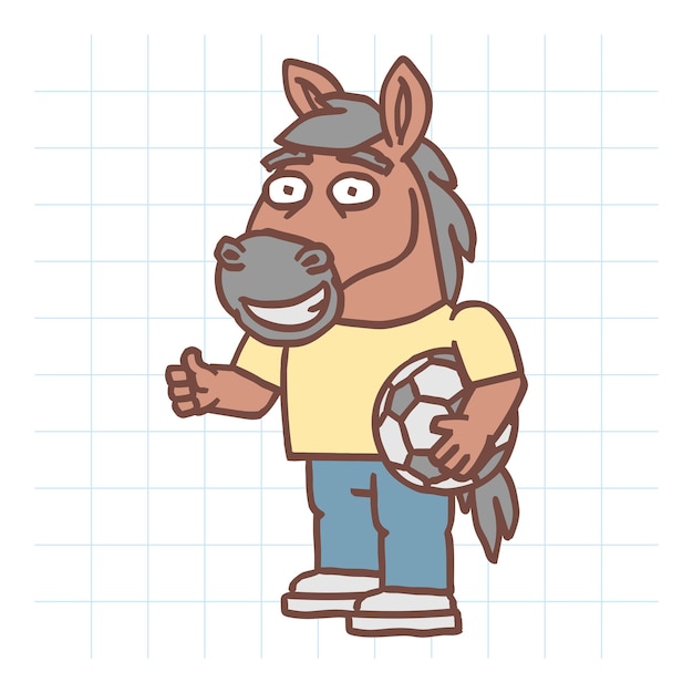 Vector carácter de caballo mostrando los pulgares hacia arriba y sosteniendo un balón de fútbol. personaje dibujado a mano. ilustración vectorial