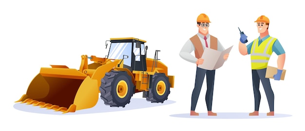 Carácter de capataz e ingeniero de construcción con ilustración de cargador de ruedas