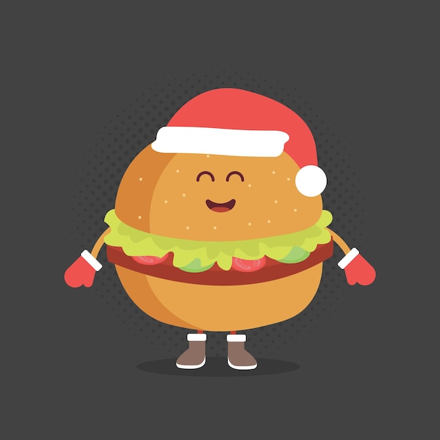 Carácter de cartón de menú de restaurante para niños. Estilo de invierno de Navidad y año nuevo. Hamburguesa linda divertida dibujada con una sonrisa, ojos y manos. Vestido con gorro de Papá Noel y guantes abrigados.