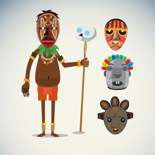 Carácter de chamán africano con conjunto de máscaras.