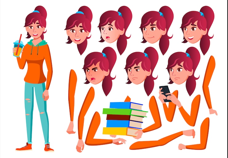 Vector carácter de chica adolescente europeo. creador de creación para animación. enfrenta las emociones, las manos.