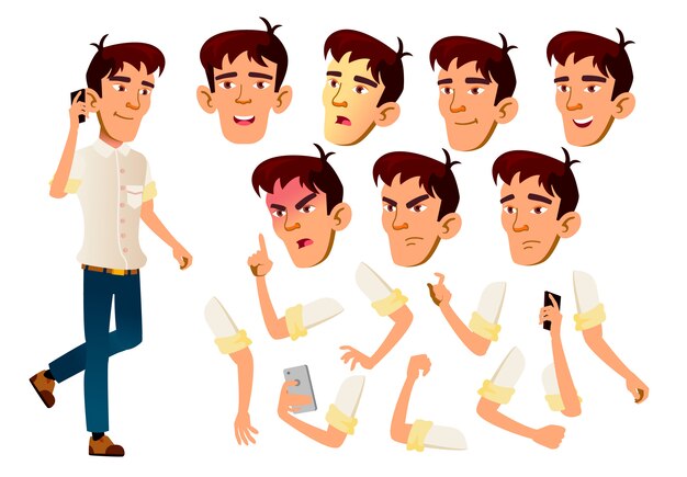 Carácter de chico adolescente. Asiático. Creador de creación para animación. Enfrenta las emociones, las manos.
