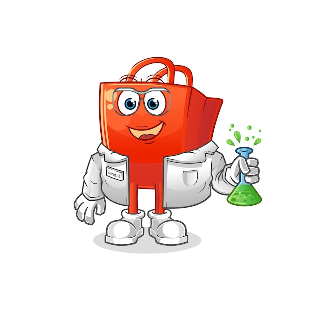 Carácter científico del bolso de compras. vector de mascota de dibujos animados