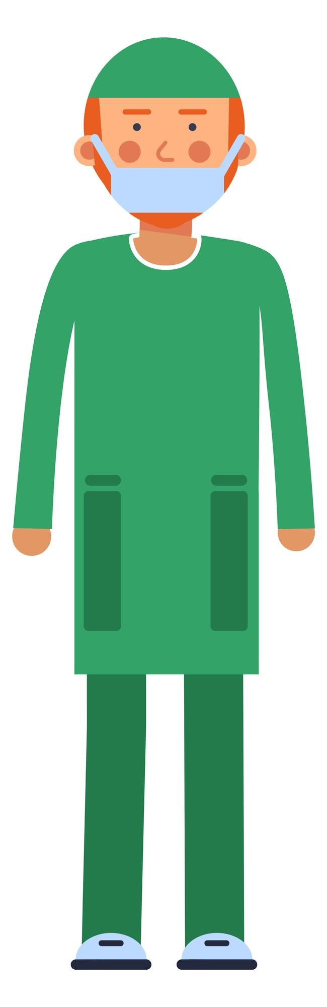 Vector carácter cirujano médico en uniforme verde trabajador del hospital aislado sobre fondo blanco