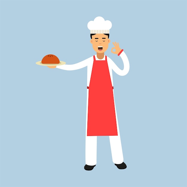 Carácter de cocinero chef masculino en uniforme sosteniendo un pastel en un plato y dando un vector de gesto de cocinero delicioso ok perfecto ilustración sobre un fondo azul claro.