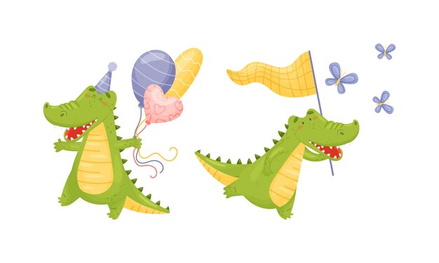 Caracter de cocodrilo o cocodrillo verde atrapando mariposa con red y llevando un conjunto vectorial de globos