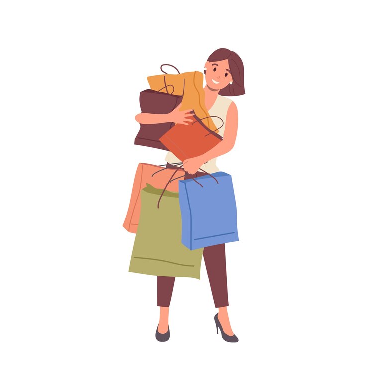 Vector carácter de comprador de mujer feliz sosteniendo con un montón de bolsas de compras sintiendo placer de compra