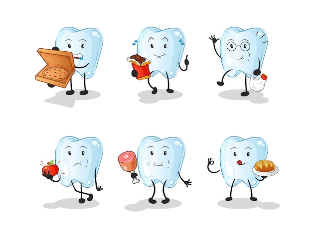 carácter del conjunto de alimentos dentales. vector de mascota de dibujos animados