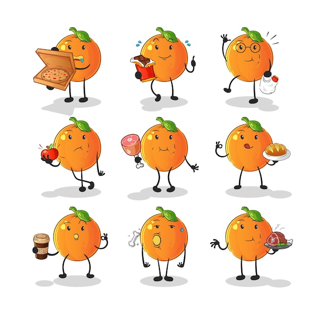 El carácter del conjunto de alimentos de naranja. mascota de dibujos animados