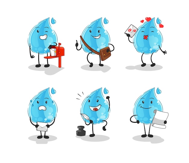 Carácter de conjunto de cartero de gota de agua. vector de mascota de dibujos animados