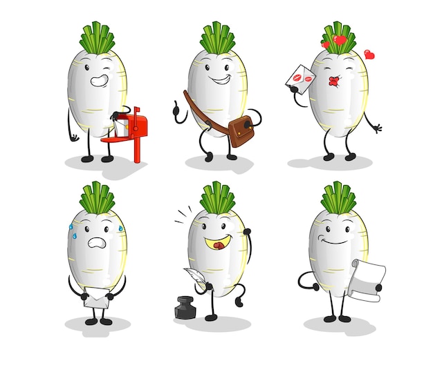 carácter de conjunto de cartero de rábano blanco. vector de mascota de dibujos animados