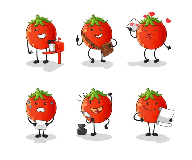 Carácter de conjunto de cartero de tomate. mascota de dibujos animados