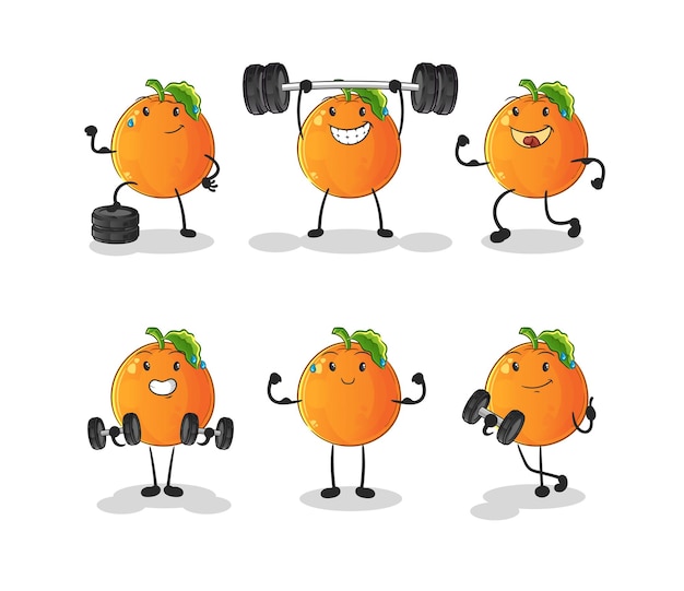 Carácter de conjunto de ejercicio naranja. vector de mascota de dibujos animados