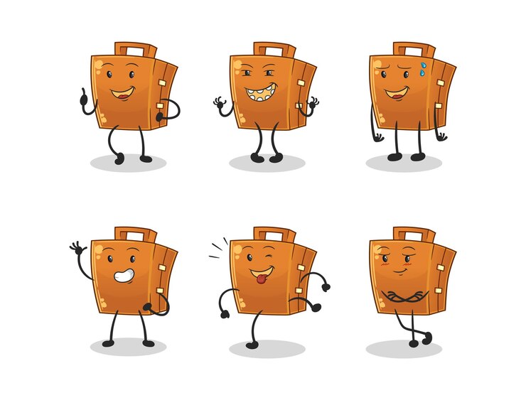 Vector carácter conjunto feliz maleta. vector de mascota de dibujos animados