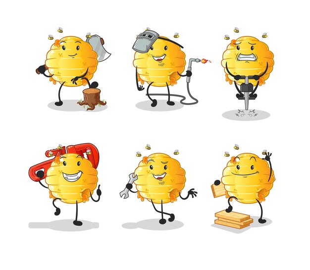 Carácter de conjunto de trabajadores de nido de abeja. vector de mascota de dibujos animados