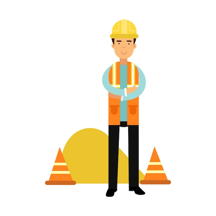 Vector carácter de constructor en casco protector y chaleco de pie con vector de dibujos animados de manos cruzadas ilustración sobre un fondo blanco