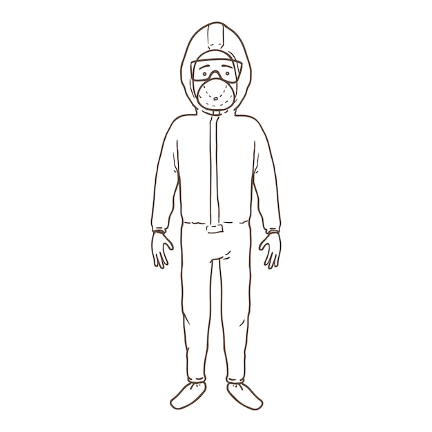 Carácter de contorno vectorial - hombre en bata, máscara y guantes de uniforme de bioseguridad. Ilustración pandémica