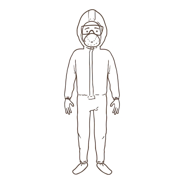 Carácter de contorno vectorial - hombre en bata, máscara y guantes de uniforme de bioseguridad. ilustración pandémica