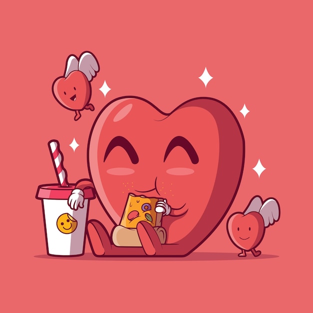 Carácter del corazón comiendo una porción de pizza ilustración vectorial Comida amor concepto de diseño divertido