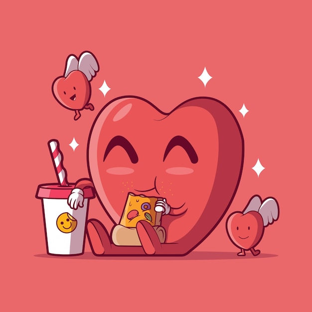 Vector carácter del corazón comiendo una porción de pizza ilustración vectorial comida amor concepto de diseño divertido