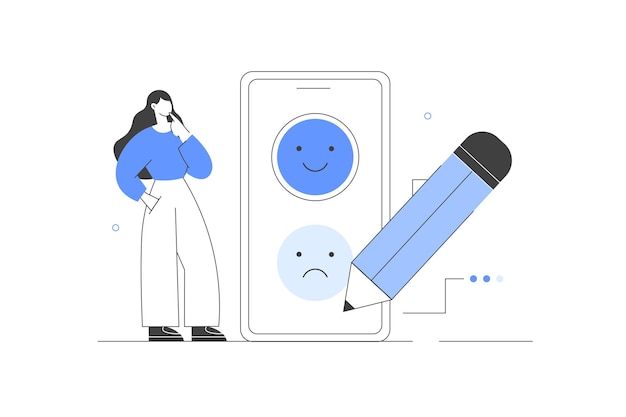 Caracter dando reseña al servicio al cliente Pantalla de la aplicación Clasificación de satisfacción eligiendo emoji Vector