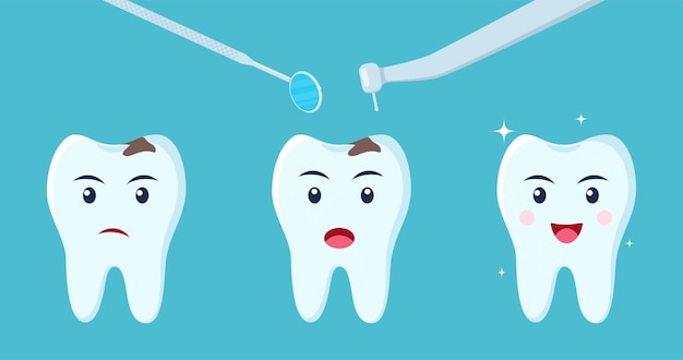 El carácter dental molesto con caries recibe tratamiento, se vuelve saludable, brillante y protegido