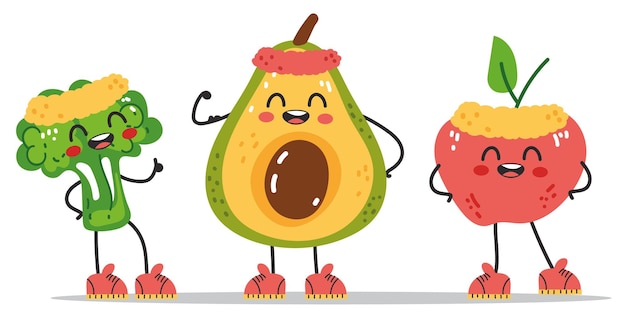Carácter deportivo de aguacate brócoli manzana haciendo ejercicio en composición de gimnasio