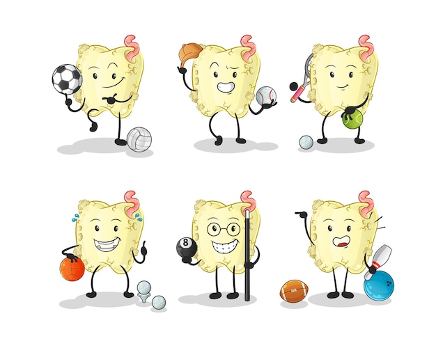 Carácter deportivo de caries dental. vector de mascota de dibujos animados