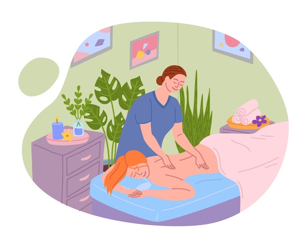 Caracter de dibujos animados de color mujer relajada volviendo al concepto de masaje vector