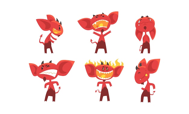 Caracter de dibujos animados de demonios divertidos con cuernos e ilustración vectorial de cola