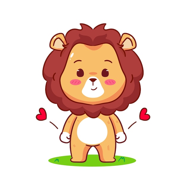 Caracter de dibujos animados de pie león lindo adorable y Kawaii Animal Icon Mascota Diseño conceptual