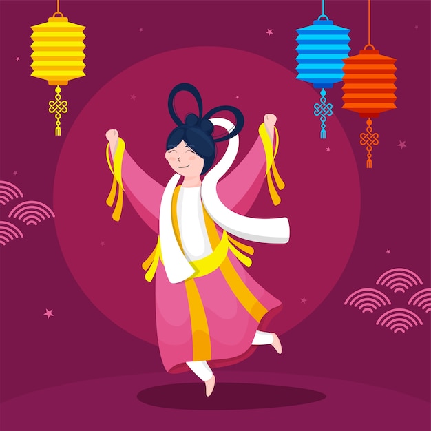 Carácter de la diosa china (Chang'e) en pose de baile o salto con linternas de colores colgantes sobre fondo rosa oscuro.