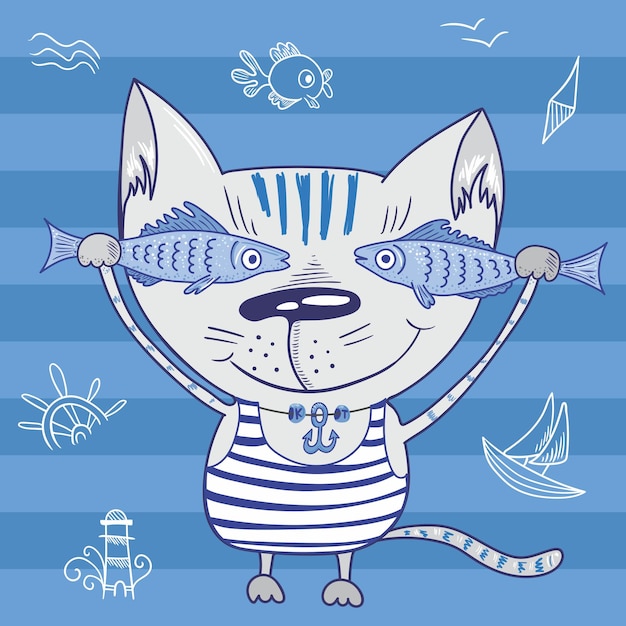 Carácter de diseño de doodle de bebé divertido vector con peces y símbolos de mar