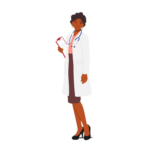 Vector carácter de doctora segura de sí misma de pie con portapapeles que proporciona ilustración vectorial de atención médica profesional