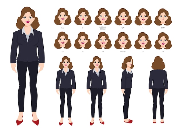 Carácter de empresaria con diferentes poses y emociones.
