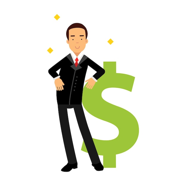 Carácter de empresario apoyado en un signo de dólar gigante, vector financiero exitoso ilustración sobre un fondo blanco