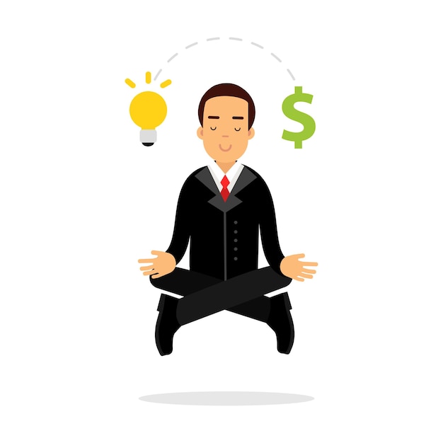 Carácter de empresario meditando en posición de loto y tener vector de idea de negocio exitosa ilustración aislada sobre fondo blanco