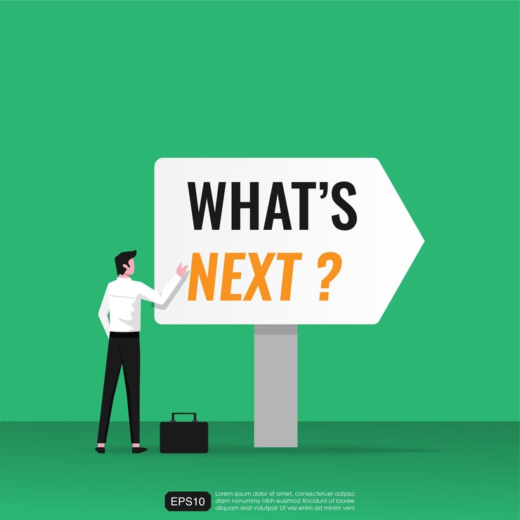 Vector carácter de empresario con ¿qué sigue? texto sobre el concepto de cartelera. estrategia y visión empresarial