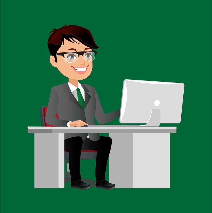 Vector carácter de empresario trabajando en una computadora portátil en la oficina