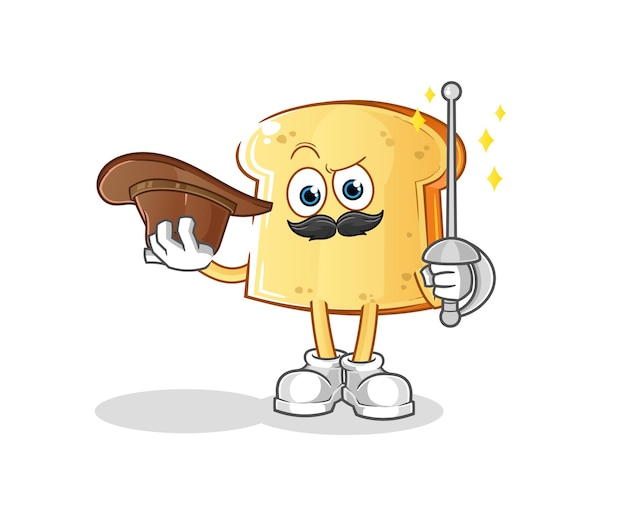 Carácter de esgrimista de pan blanco. vector de mascota de dibujos animados