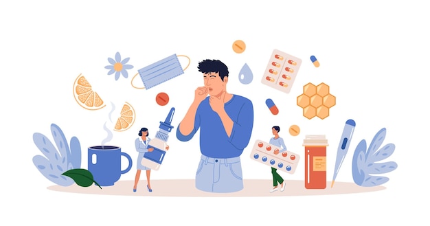 Caracter Estornudo y tos Prevención contra virus e infecciones Joven con resfriado, gripe y enfermedad Concepto Médicos tratan al paciente con pastillas cápsulas Tratamiento de la gripe