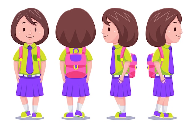 Carácter de estudiante de niña de niños lindos en diferentes poses con mochila.